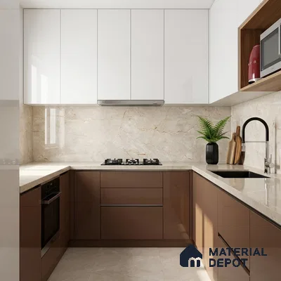 Modern dual tone kitchen with glossy white and cappuccino brown laminate, beige marble backsplash and countertop