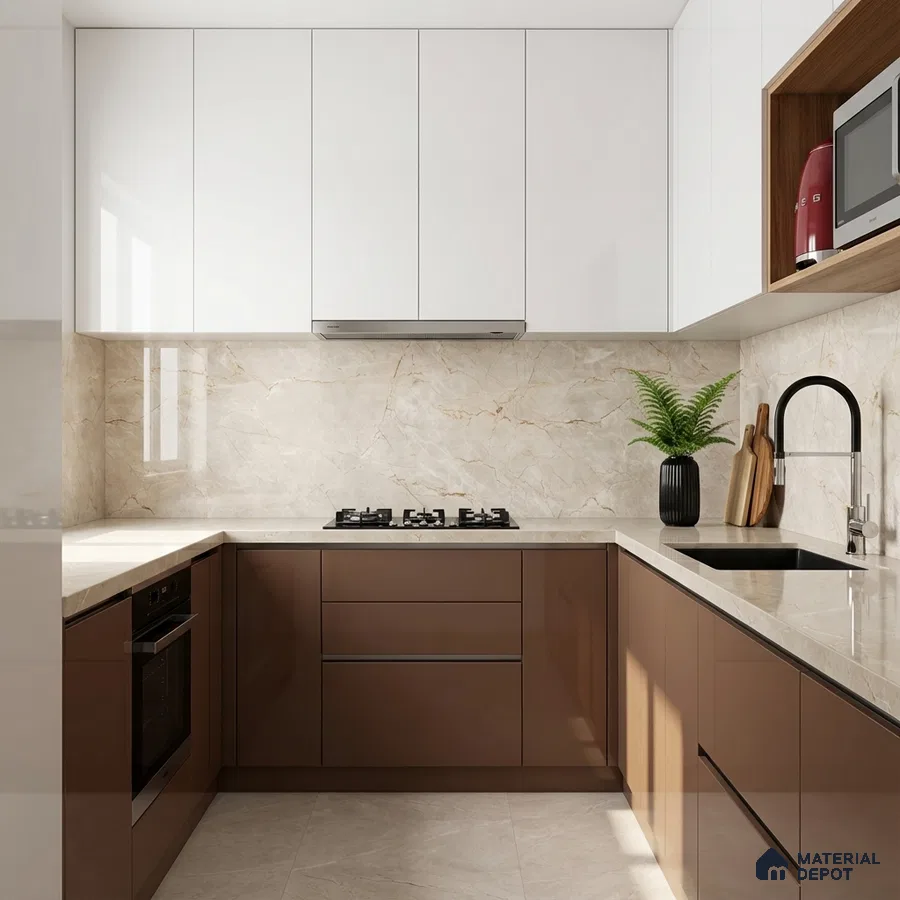 Modern dual tone kitchen with glossy white and cappuccino brown laminate, beige marble backsplash and countertop