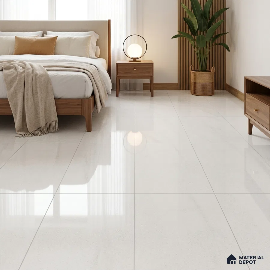 Scandinavian Bedroom with Crystal White Glossy Floor Tile