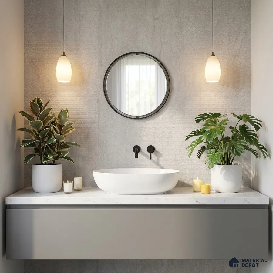 Minimalist bathroom with matte grey vanity, white marble countertop, and concrete finish wall tile