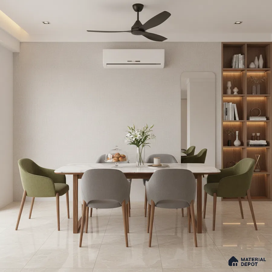 Scandinavian dining room with marble-look table, beige floor tiles, and wooden open shelving