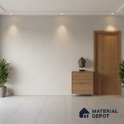 Minimalist foyer with light beige wall paint, oak wood laminate door and console, and matte white floor tiles