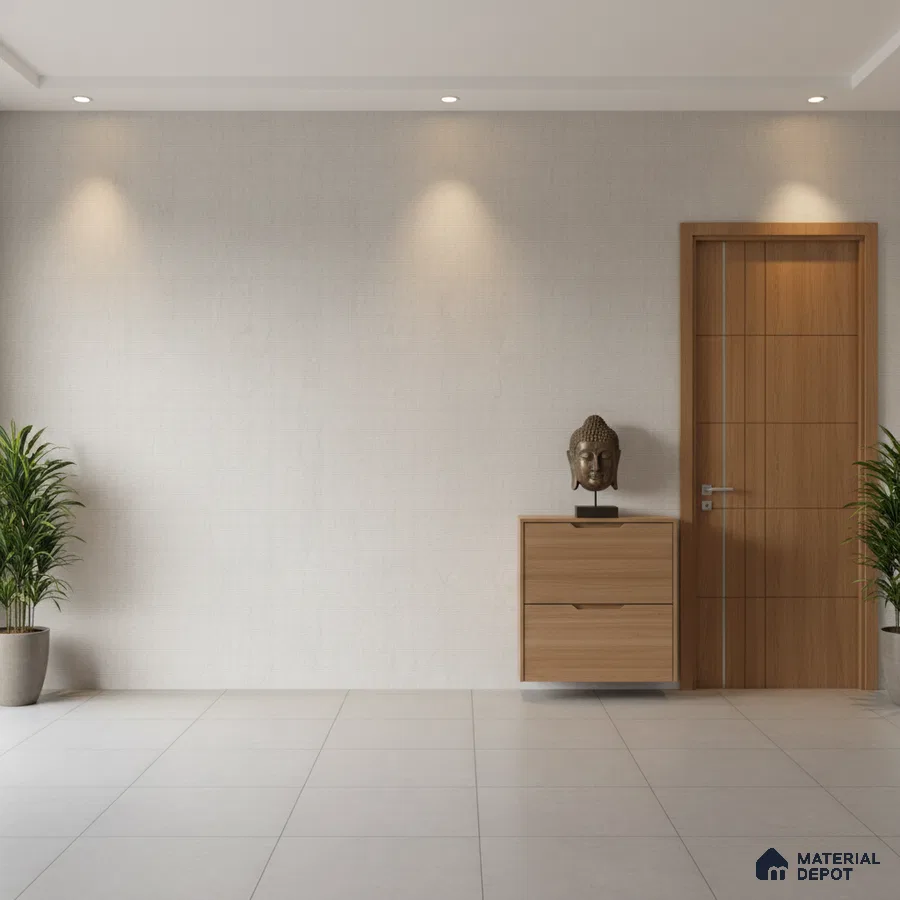 Minimalist foyer with light beige wall paint, oak wood laminate door and console, and matte white floor tiles
