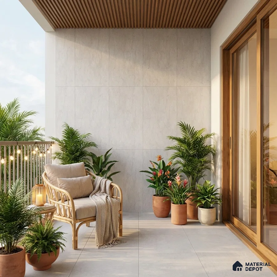 Scandinavian balcony with light grey stone tiles, wooden louver ceiling, and rattan furniture