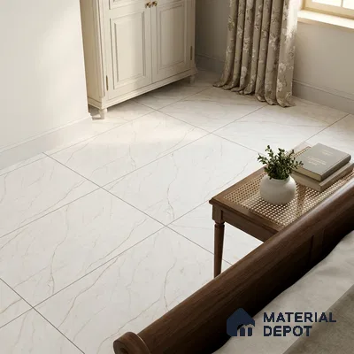Scandinavian Bedroom with Warm Beige Matte Floor Tile