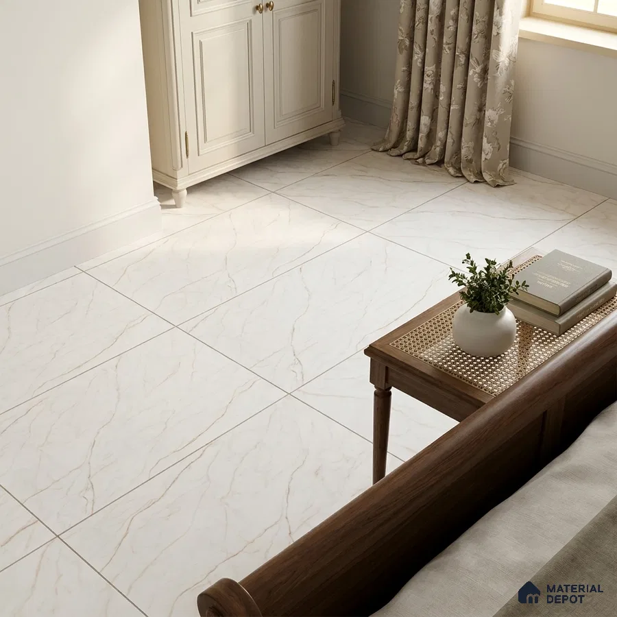 Scandinavian Bedroom with Warm Beige Matte Floor Tile