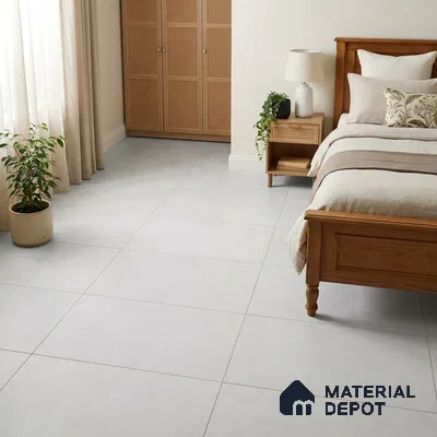 Modern Bedroom with Frosty White Cotto Stone-Look Floor Tile