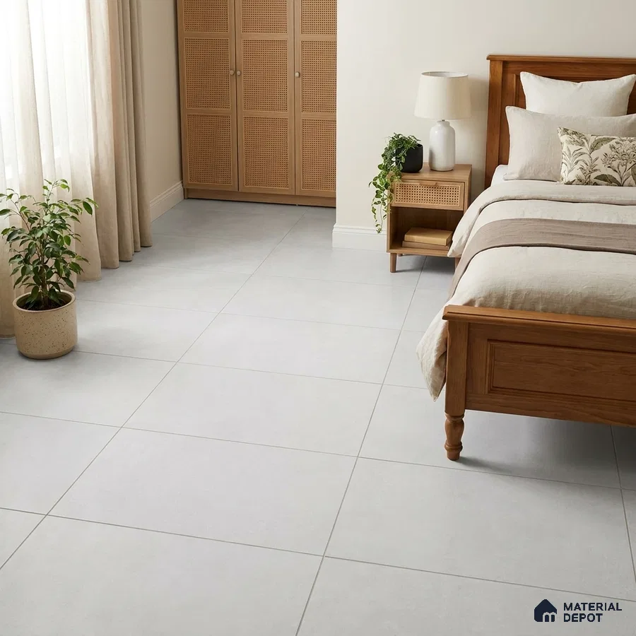 Modern Bedroom with Frosty White Cotto Stone-Look Floor Tile