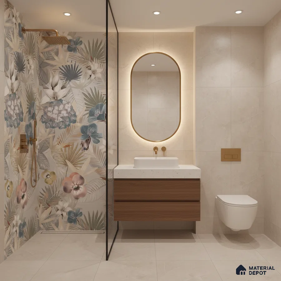 Modern bathroom with floral highlighter wall tile, beige marble-look tiles, and wood vanity