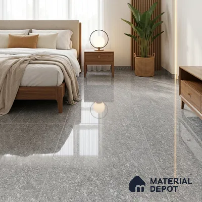 Modern Bedroom with Grey Speckled Granite-Look Floor Tile