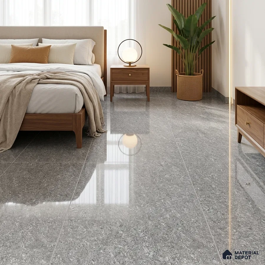 Modern Bedroom with Grey Speckled Granite-Look Floor Tile