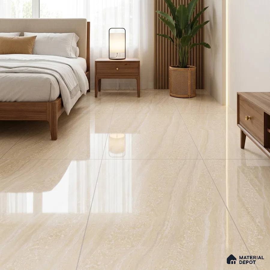 Modern Bedroom with Beige Travertine-Look Glossy Floor Tile