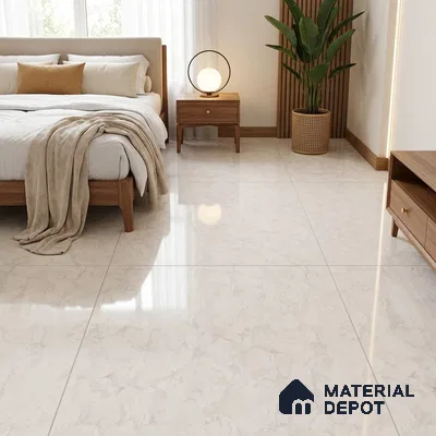 Modern Bedroom with Cream Marble-Look Glossy Floor Tile