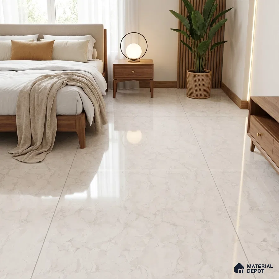 Modern Bedroom with Cream Marble-Look Glossy Floor Tile
