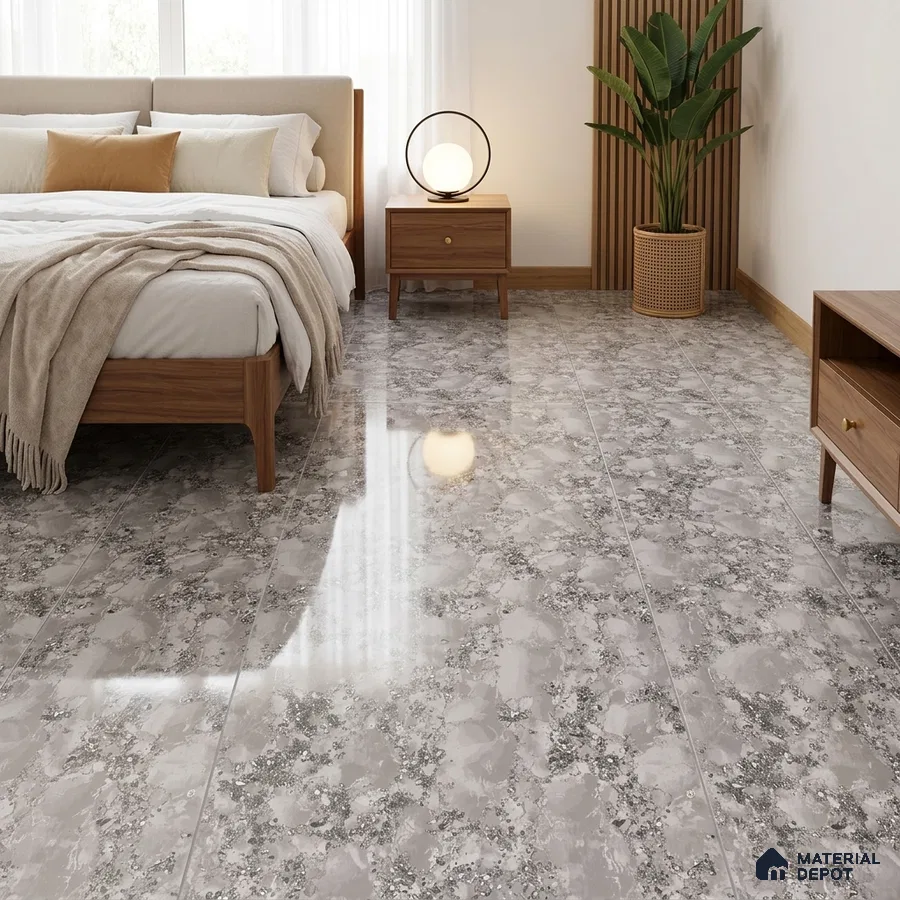 Modern Bedroom with Grey Terrazzo-Look Glossy Floor Tile