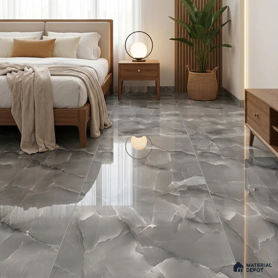 Modern Bedroom with Dark Grey Onyx Marble-Look Floor Tile