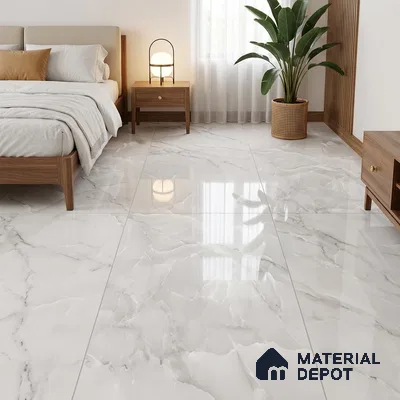 Modern Bedroom with White Carrara Marble-Look Floor Tile
