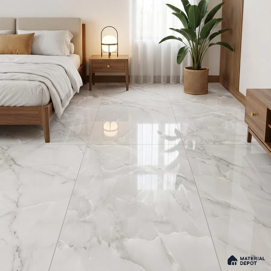 Modern Bedroom with White Carrara Marble-Look Floor Tile