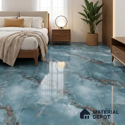 Eclectic Bedroom with Aqua Blue Onyx Marble-Look Floor Tile
