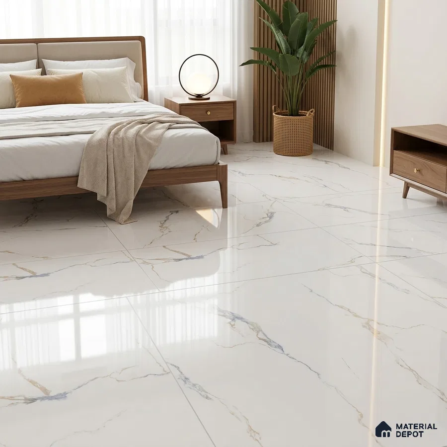 Modern Bedroom with Glossy White Statuario Marble-Look Floor Tile