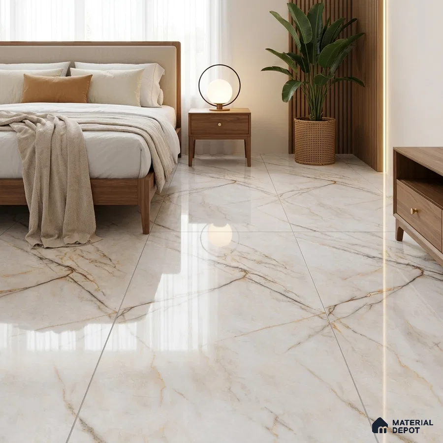 Modern Bedroom with Glossy Cream Marble-Look Floor Tile and Gold Veins