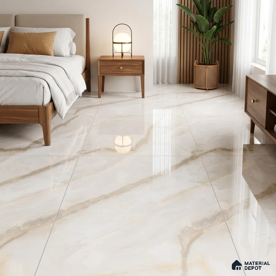 Modern Bedroom with Glossy Cream Onyx-Look Floor Tile