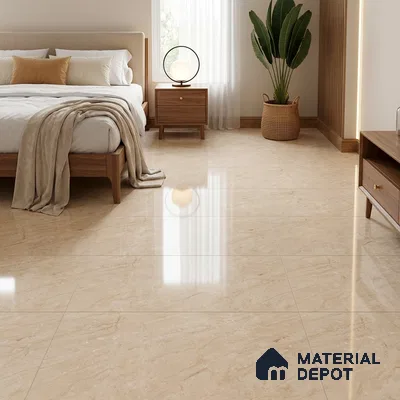 Modern Bedroom with Glossy Beige Marble-Look Floor Tile