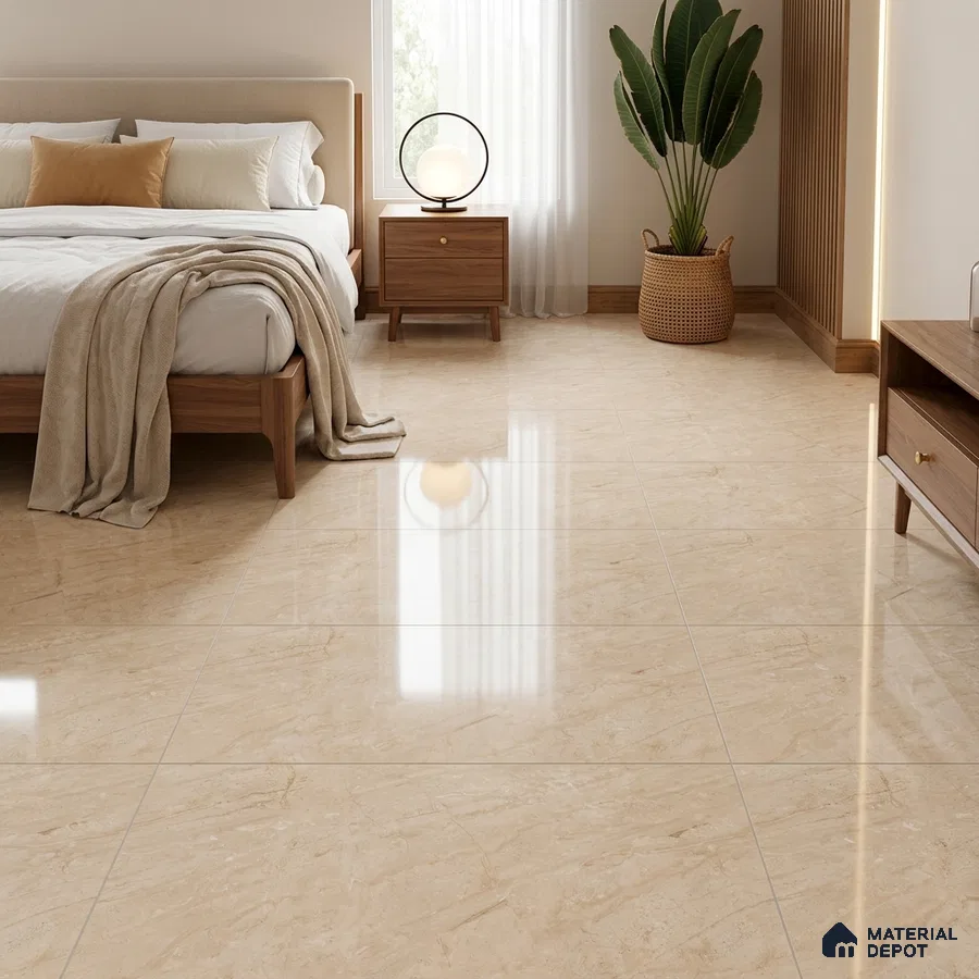 Modern Bedroom with Glossy Beige Marble-Look Floor Tile