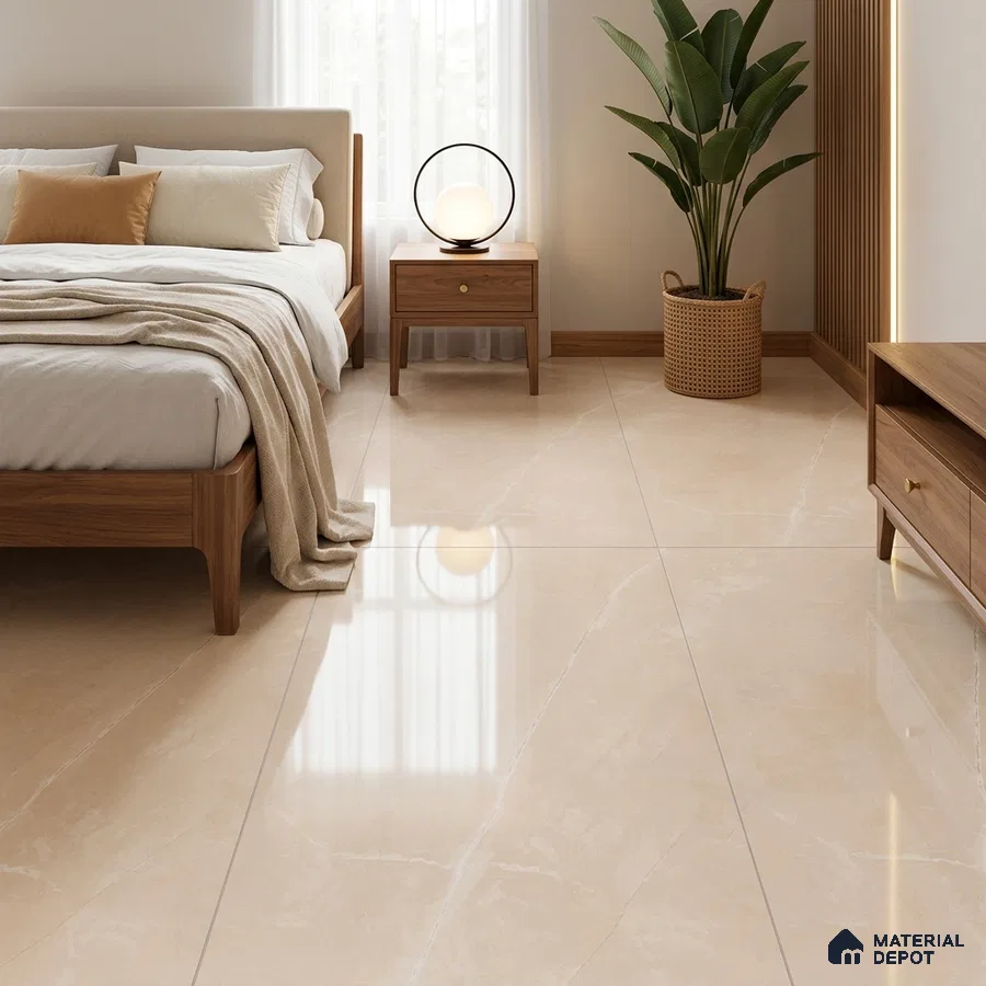 Modern Bedroom with Glossy Beige Marble-Look Floor Tile