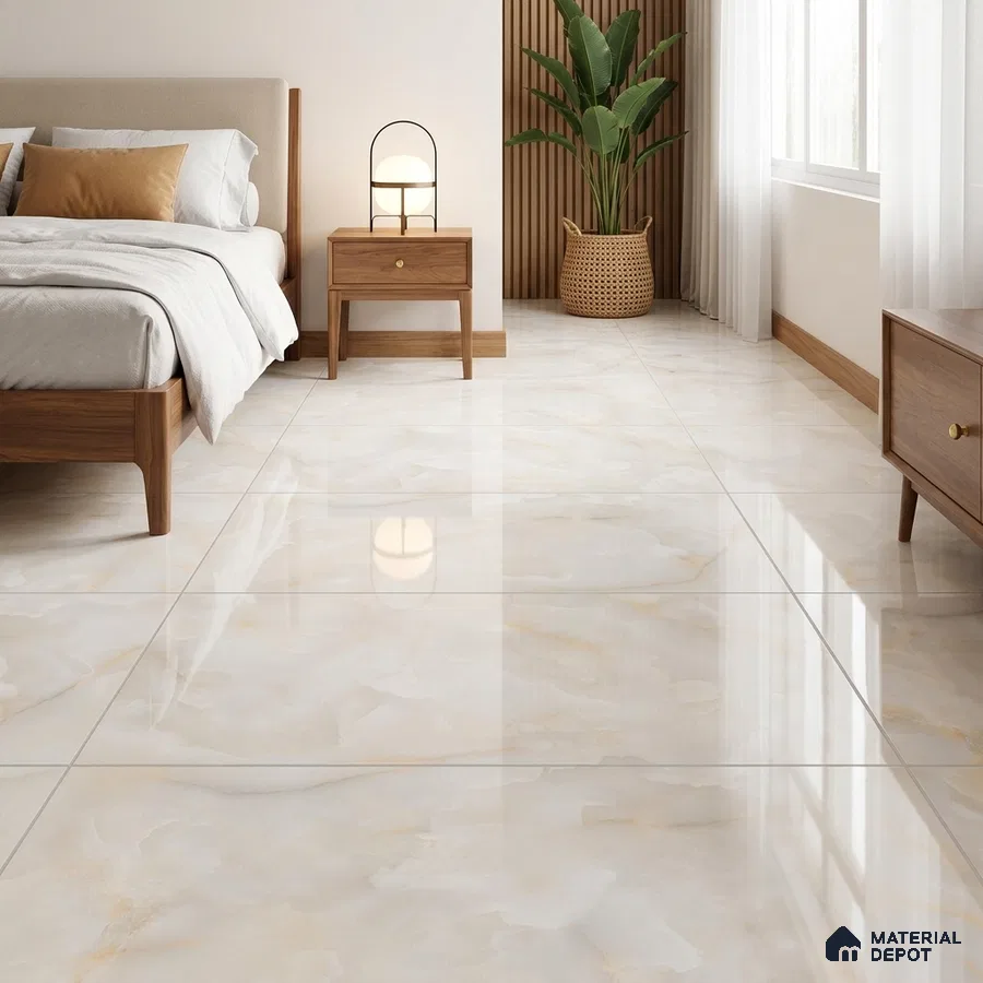 Modern Bedroom with Glossy Ivory Onyx-Look Floor Tile and Gold Veins