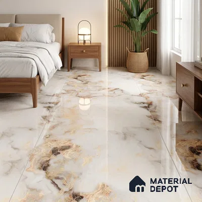 Modern Bedroom with Glossy White and Gold Onyx-Look Floor Tile