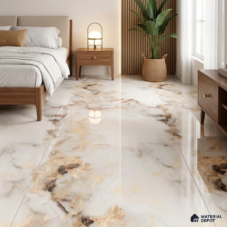 Modern Bedroom with Glossy White and Gold Onyx-Look Floor Tile