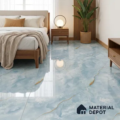 Modern Bedroom with Glossy Aqua Blue Onyx-Look Floor Tile