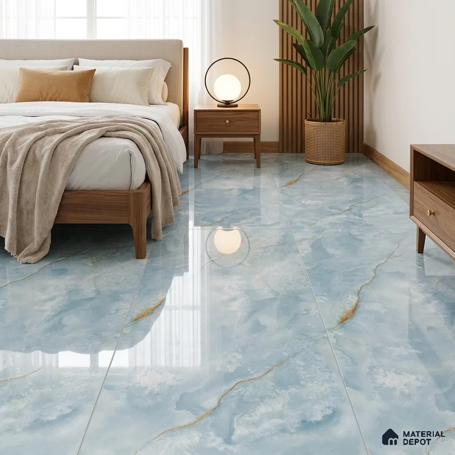 Modern Bedroom with Glossy Aqua Blue Onyx-Look Floor Tile