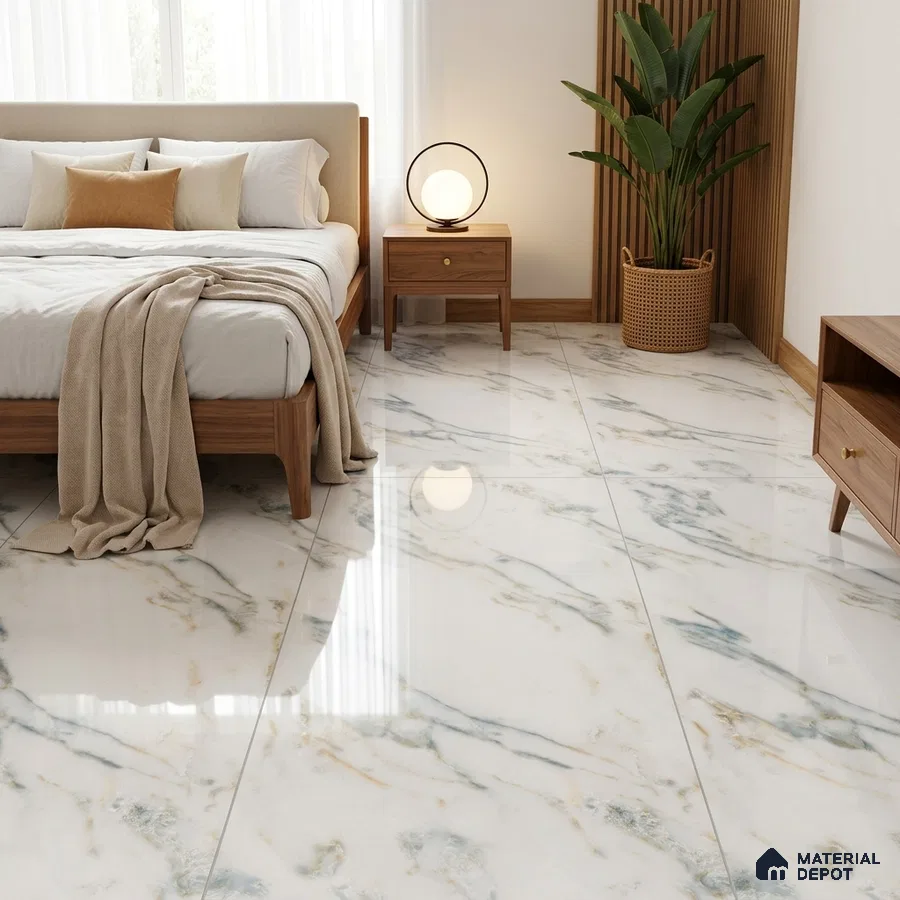 Modern Bedroom with Glossy White Marble-Look Floor Tile and Green Veins