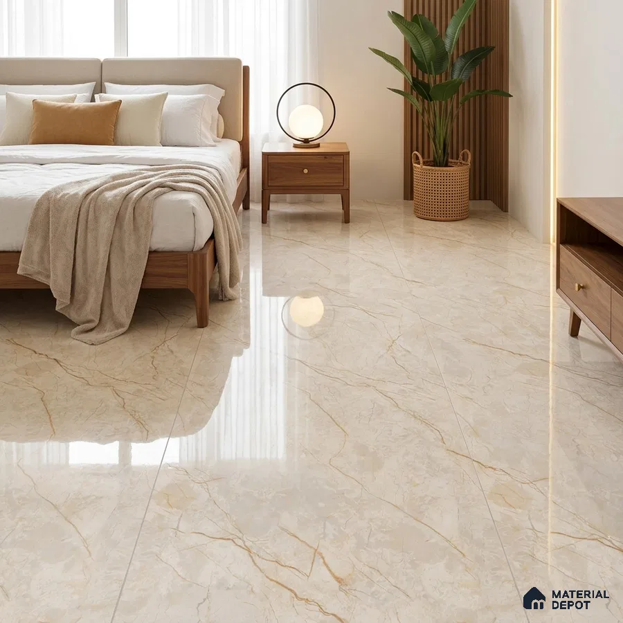Modern Bedroom with Glossy Cream Marble-Look Floor Tile