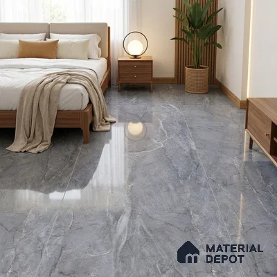 Modern Bedroom with Glossy Grey Marble-Look Floor Tile