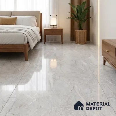 Modern Bedroom with Glossy Light Grey Marble-Look Floor Tile