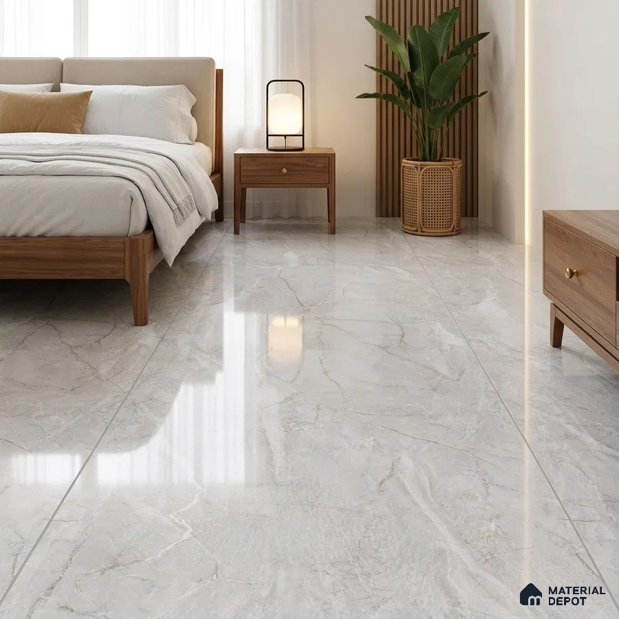 Modern Bedroom with Glossy Light Grey Marble-Look Floor Tile