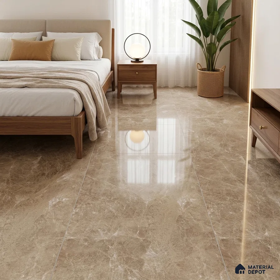 Modern Bedroom with Glossy Beige Brown Marble-Look Floor Tile