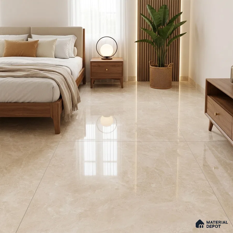 Modern Bedroom with Glossy Cream Beige Marble-Look Floor Tile
