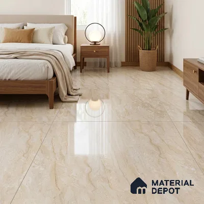 Modern Bedroom with Glossy Beige Travertine-Look Floor Tile