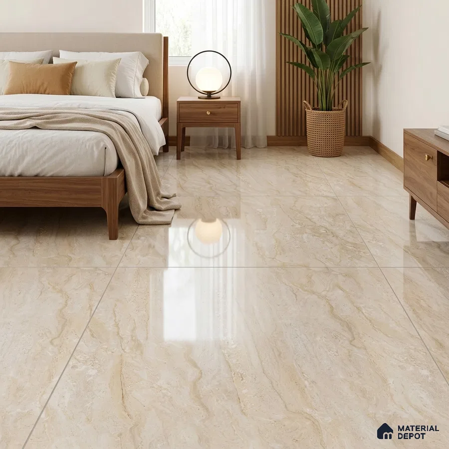 Modern Bedroom with Glossy Beige Travertine-Look Floor Tile