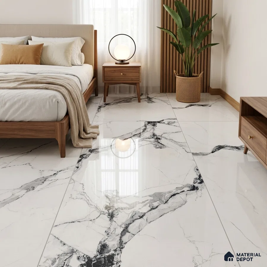 Modern Bedroom with Glossy White Marble-Look Floor Tile and Bold Grey Veins