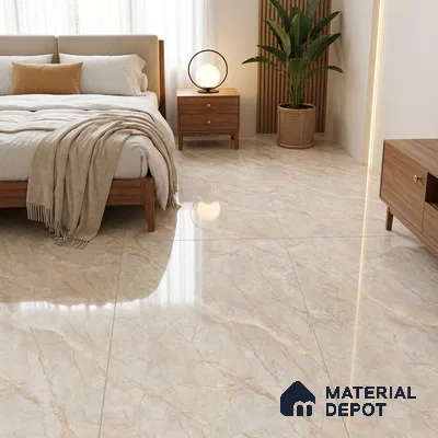 Modern Bedroom with Glossy Cream Marble-Look Floor Tile and Gold Veins