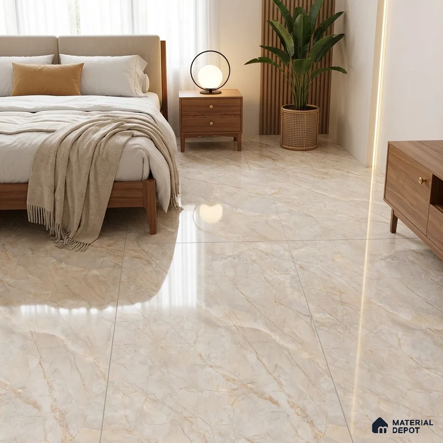 Modern Bedroom with Glossy Cream Marble-Look Floor Tile and Gold Veins