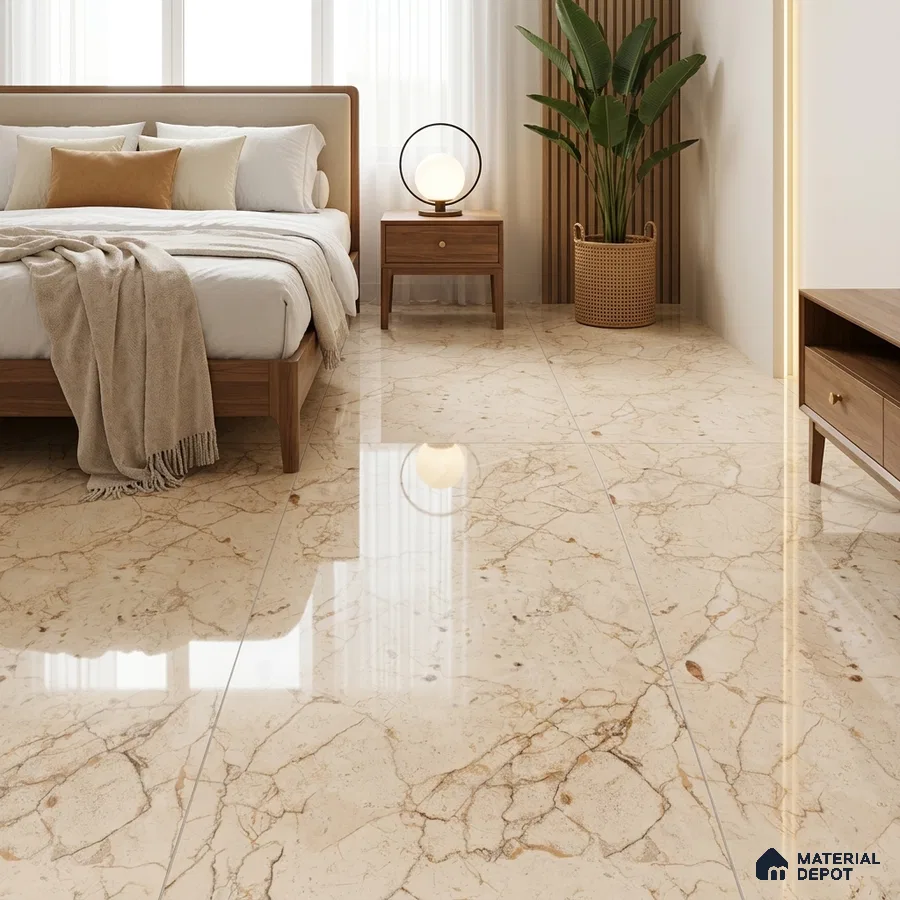 Modern Bedroom with Glossy Cream Marble-Look Floor Tile and Amber Veins