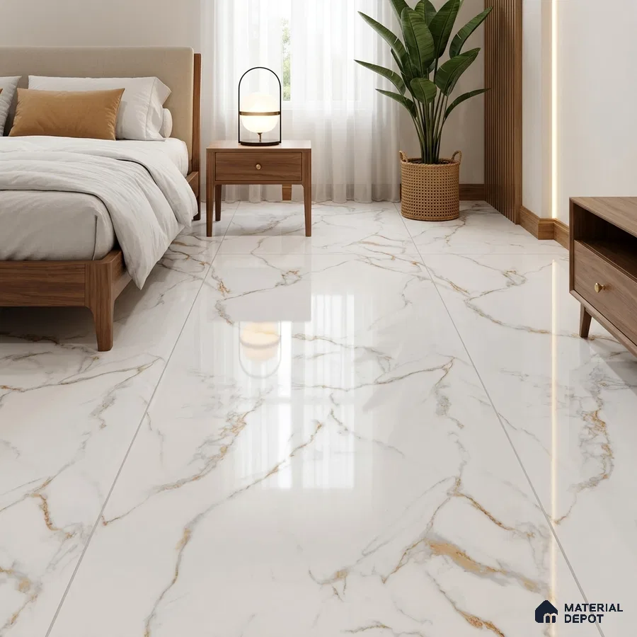 Modern Bedroom with Glossy White Marble-Look Floor Tile and Gold Veins
