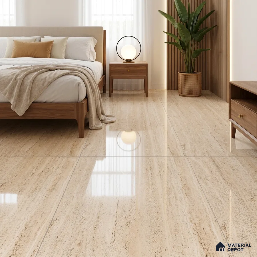 Modern Bedroom with Glossy Cream Travertine-Look Floor Tile