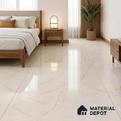 Modern Bedroom with Glossy Cream Marble-Look Floor Tile and Gold Veins